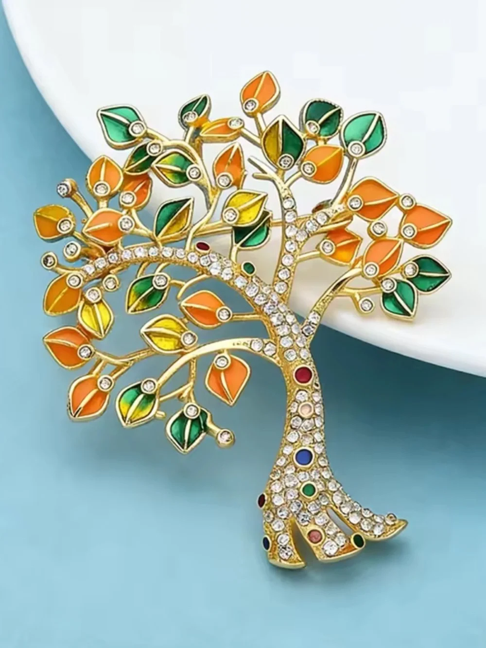 Gold Tree of Life Green Yellow Enamel Leaves Brooch